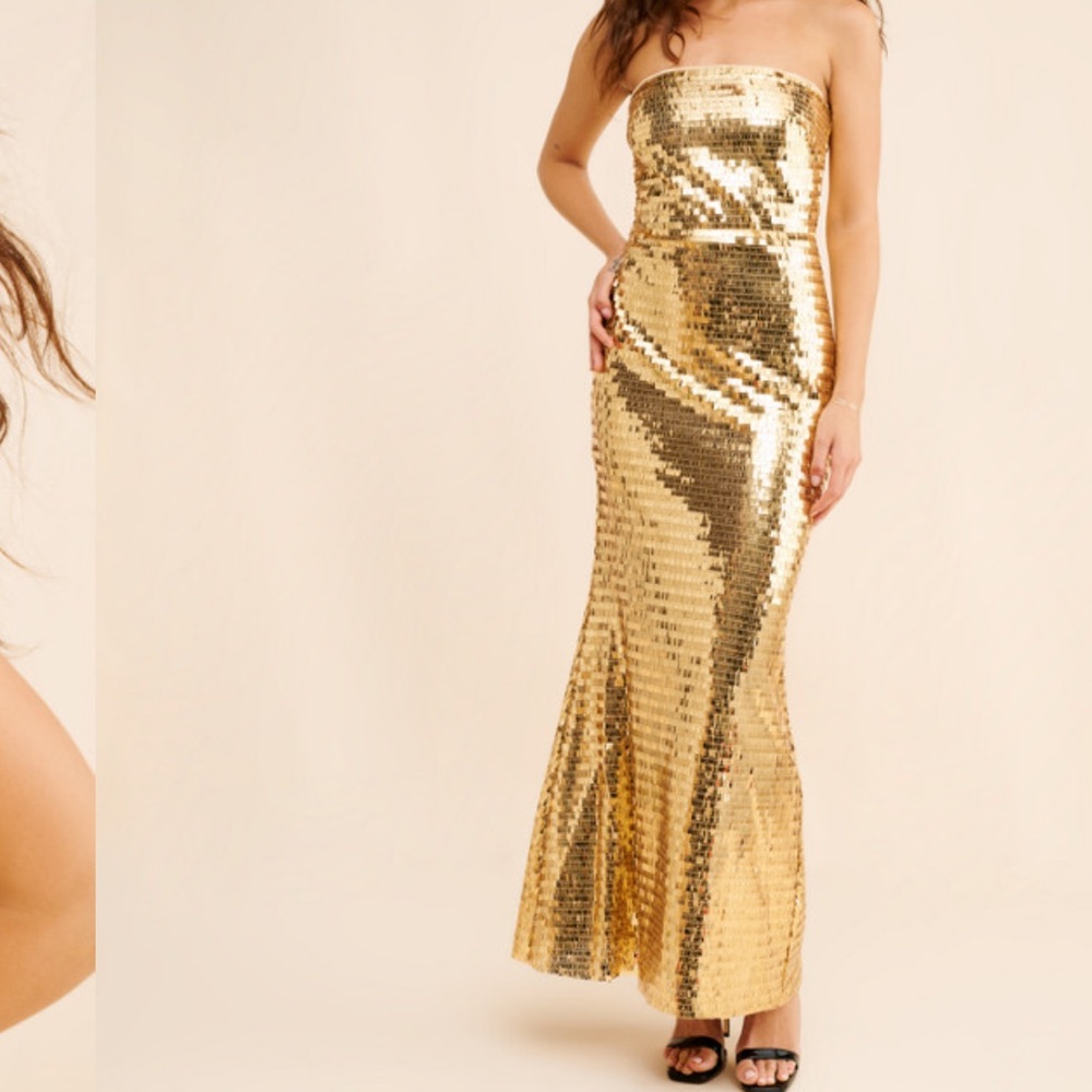 New Simon Miller Sculpty Strapless Sequin Maxi Dress Gown Gold Sz 8